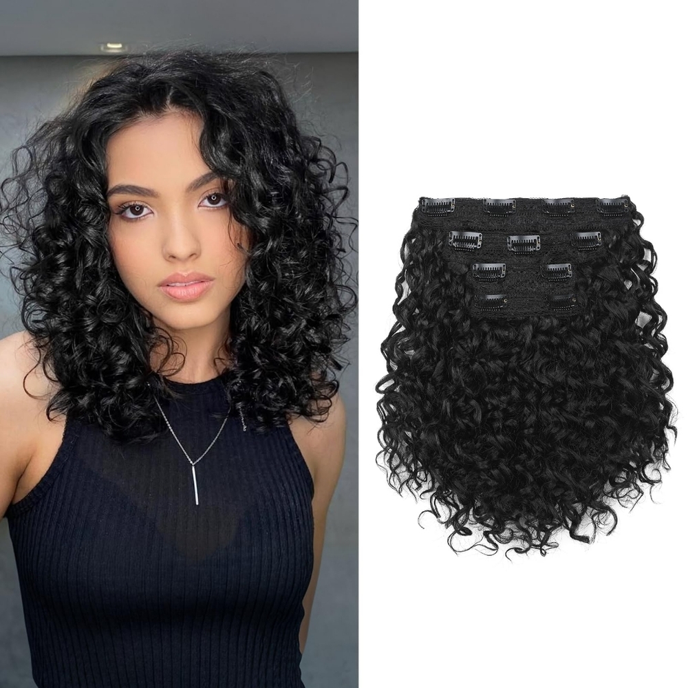 4PCS 10”‎ Deep Curly Clip-In Hair Extensions – Natural Black, Soft & Voluminous